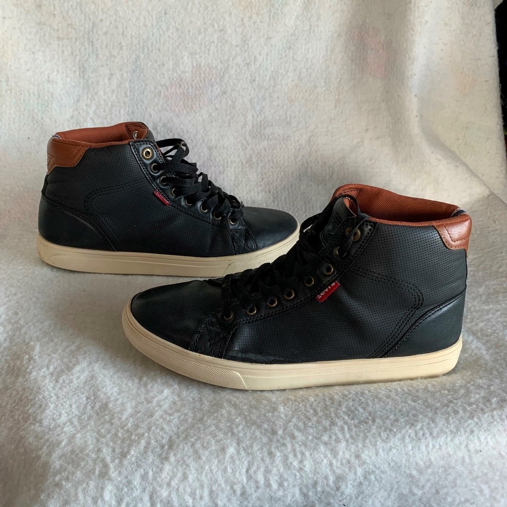 Levis Mens High Top Sneakers Black Perforated Faux Leather Brown Trim Lace Up